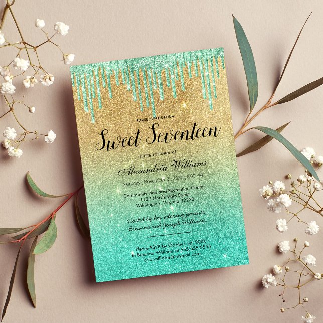 Gold teal ombre glitter drips Sweet Seventeen  Invitation (Gold teal ombre glitter drips Sweet Seventeen)