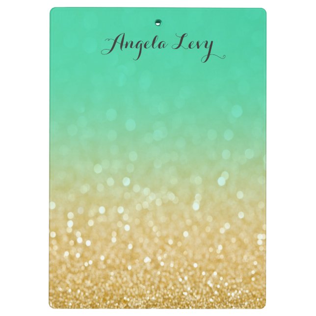 Gold & Teal Ombre Glitter Personalised Clip board (Back)