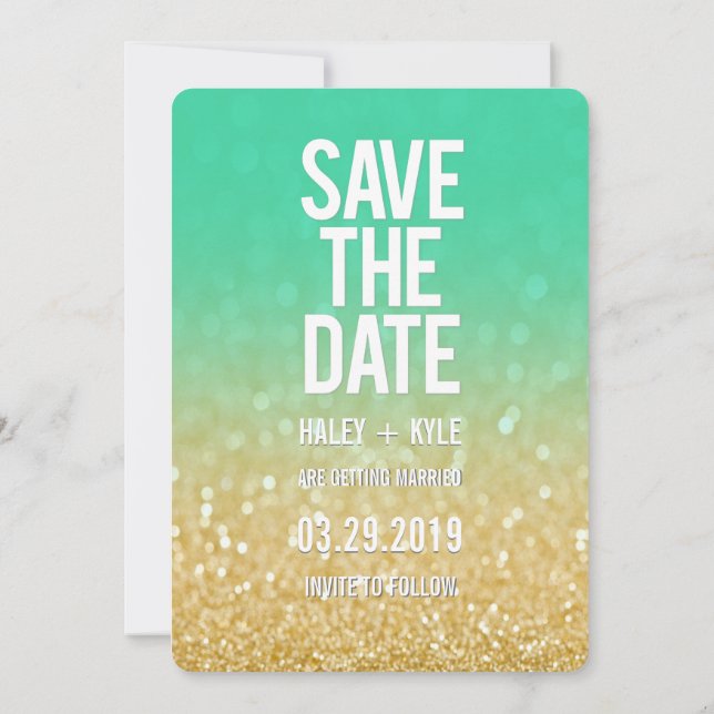 Gold Teal Ombre Glitter Save the Date Typography Invitation (Back)