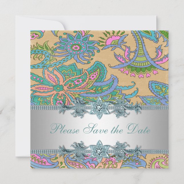 Gold Teal Paisley Indian Wedding Save the Date (Front)