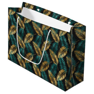 Gold Teal Palm Leaves Luxe Tropical Pattern Large Gift Bag