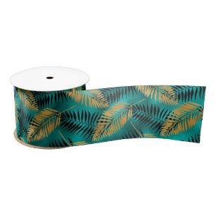 Gold Teal Palm Leaves Luxe Tropical Pattern Satin Ribbon