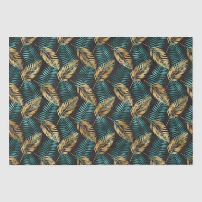 Gold Teal Palm Leaves | Luxe Tropical Pattern Tissue Paper (Front)