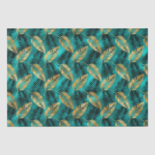 Gold Teal Palm Leaves Luxe Tropical Pattern Tissue Paper