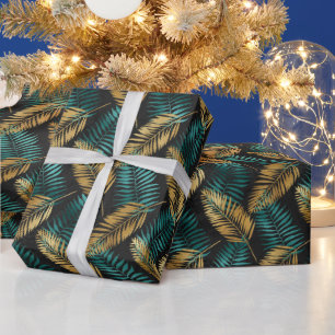 Gold Teal Palm Leaves Luxe Tropical Pattern Wrapping Paper