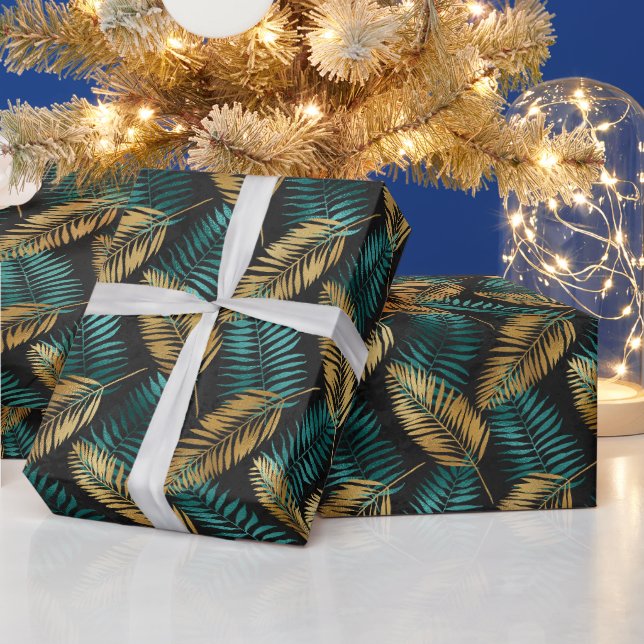 Gold Teal Palm Leaves | Luxe Tropical Pattern Wrapping Paper (Holidays)