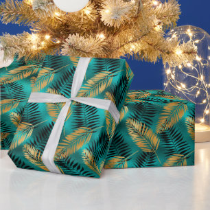 Gold Teal Palm Leaves Luxe Tropical Pattern Wrapping Paper