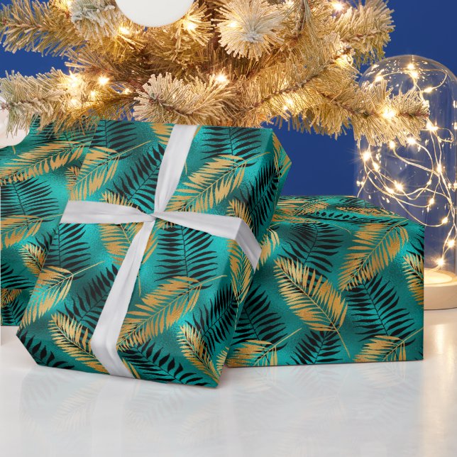 Gold Teal Palm Leaves | Luxe Tropical Pattern Wrapping Paper (Holidays)