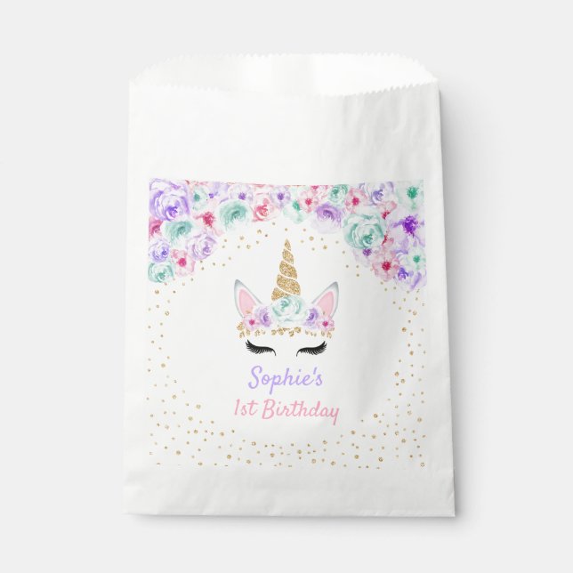 Gold Teal Pink Purple Unicorn 1st Birthday Favour Bags (Front)