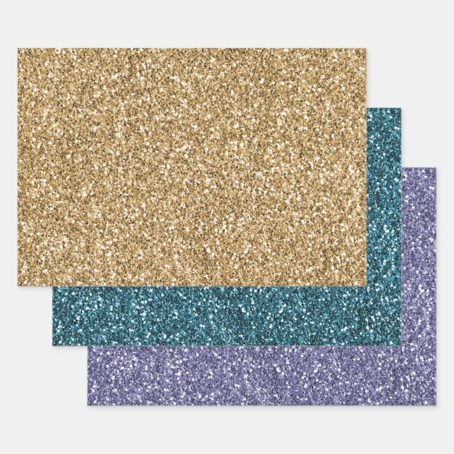 Gold Teal Purple Glitter       Wrapping Paper Sheet (Set)