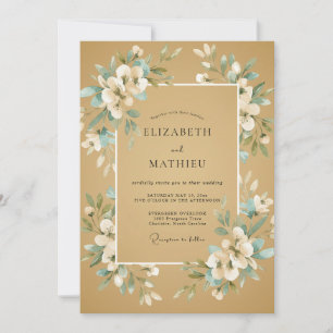 Gold Teal Ranunculus Eucalyptus Wedding Invitation