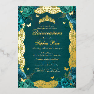 Gold Teal Rose Lace Quinceanera Birthday 
