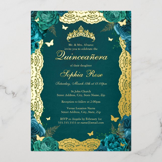 Gold Teal Rose Lace Quinceanera Birthday  (Front)