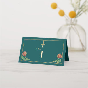 Gold Teal Royal Mediaeval Floral Sword Wedding Place Card