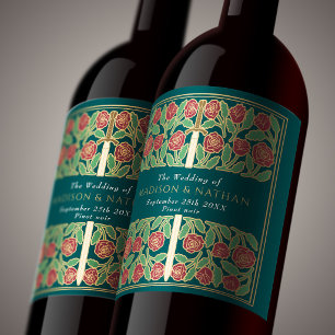 Gold Teal Royal Mediaeval Floral Sword Wedding Wine Label