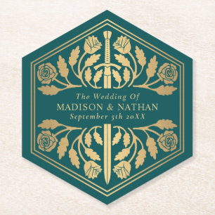 Gold Teal Royal Mediaeval Sword Wedding Paper Coaster