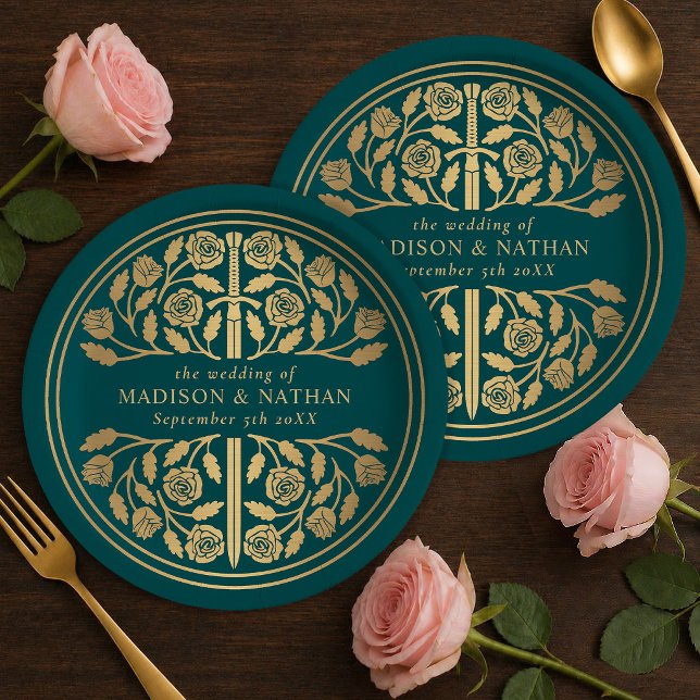 Gold Teal Royal Mediaeval Sword Wedding  Paper Plate (Creator Uploaded)