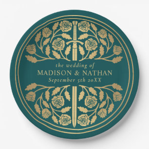 Gold Teal Royal Medieval Sword Wedding  Paper Plate
