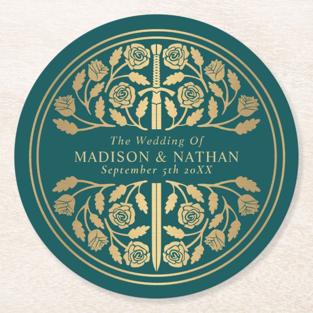Gold Teal Royal Medieval Sword Wedding Round Paper Coaster (Front)