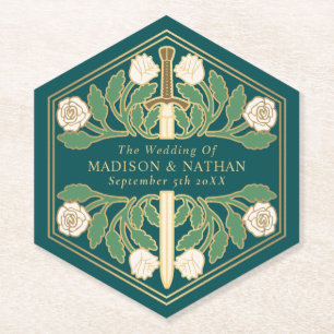 Gold Teal Royal White Floral Sword Wedding Paper Coaster