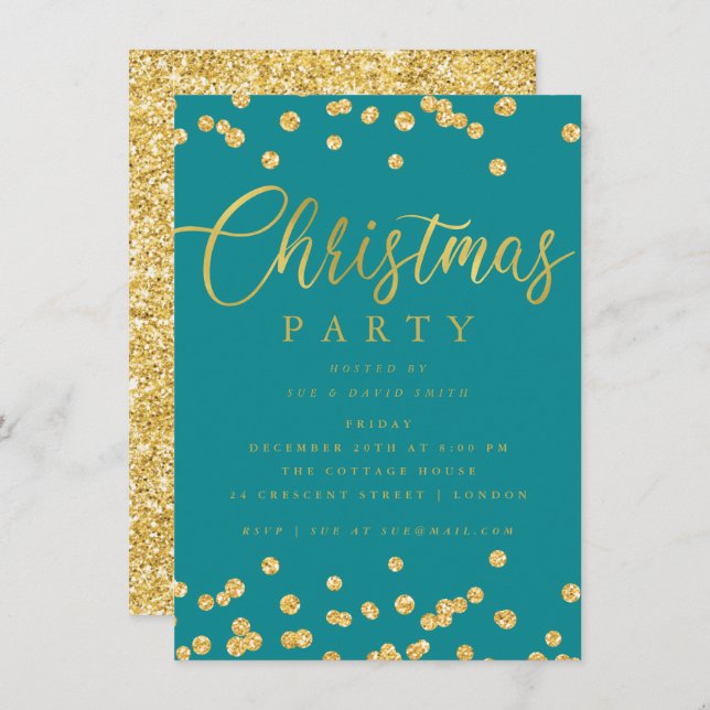 Gold Teal Script Confetti Holiday Christmas Party Invitation (Front/Back)