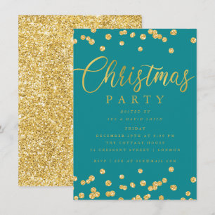 Gold Teal Script Confetti Holiday Christmas Party Invitation