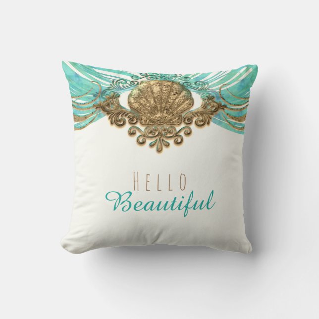 Gold & Teal Sea Shell Glam Beach Elegant Custom Cushion (Front)