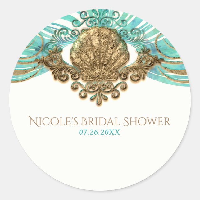 Gold & Teal Sea Shell Glam Beach Elegant Favour Classic Round Sticker (Front)