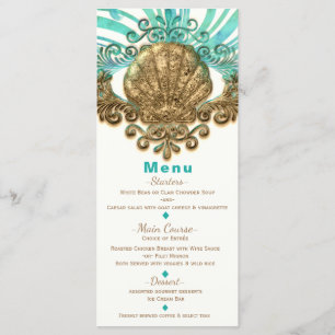 Gold & Teal Sea Shell Glam Beach Elegant Menu Card