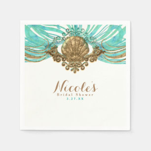 Gold & Teal Sea Shell Glam Beach Elegant Party Napkin