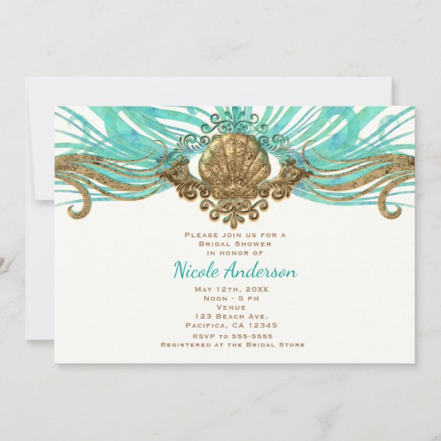 Gold & Teal Sea Shell Glam Beach Party Invitations (Front)