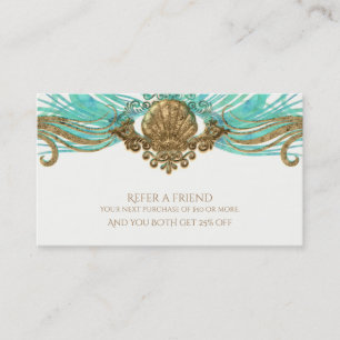 Gold & Teal Sea Shell Glam Beach Refer a Friend Referral Card