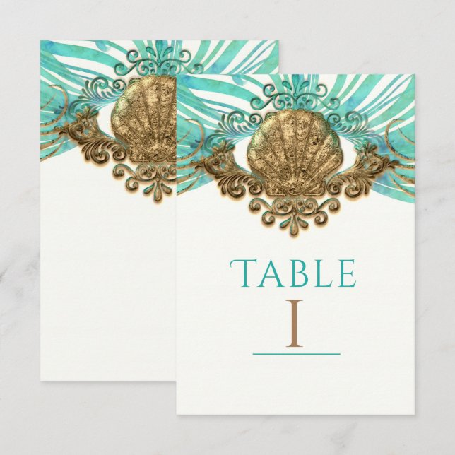 Gold & Teal Sea Shell Glam Beach Table Number Card (Front/Back)