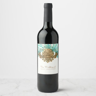 Gold & Teal Sea Shell Glam Beach Wine Labels