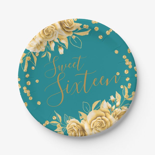 Gold Teal Sweet 16 Glitter Confetti Floral Paper Plate (Front)