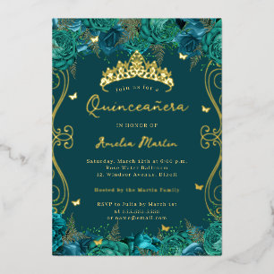 Gold Teal Swirl Scroll Floral Quinceanera