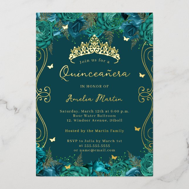 Gold Teal Swirl Scroll Floral Quinceanera  (Front)