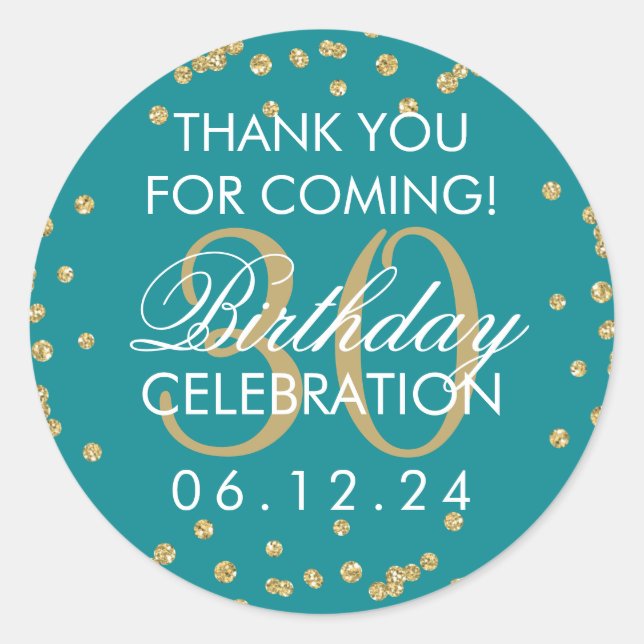 Gold Teal Thank You 30th Birthday Glitter Confetti Classic Round Sticker (Front)