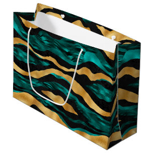 Gold Teal Tiger Stripes   Glam Abstract Animal Large Gift Bag