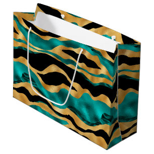 Gold Teal Tiger Stripes   Glam Abstract Animal Large Gift Bag