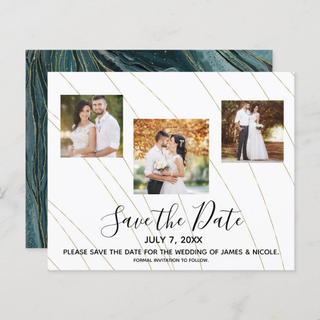 Gold Teal Turquoise Photo Wedding Save the Date (Front/Back)