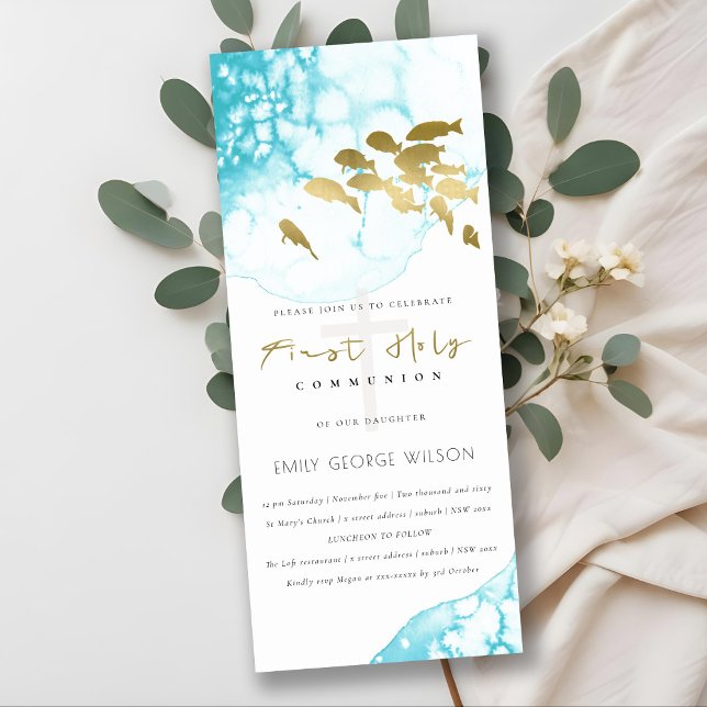 Gold Teal Underwater Sea Fish First Holy Communion Invitation (Creator Uploaded)