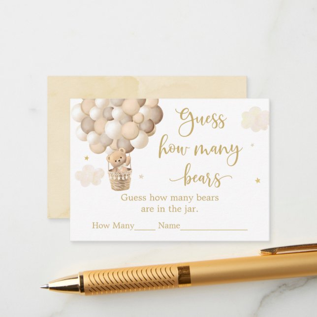 Gold Teddy Bear Balloon Baby Shower Guess How Many Enclosure Card (Front/Back In Situ)