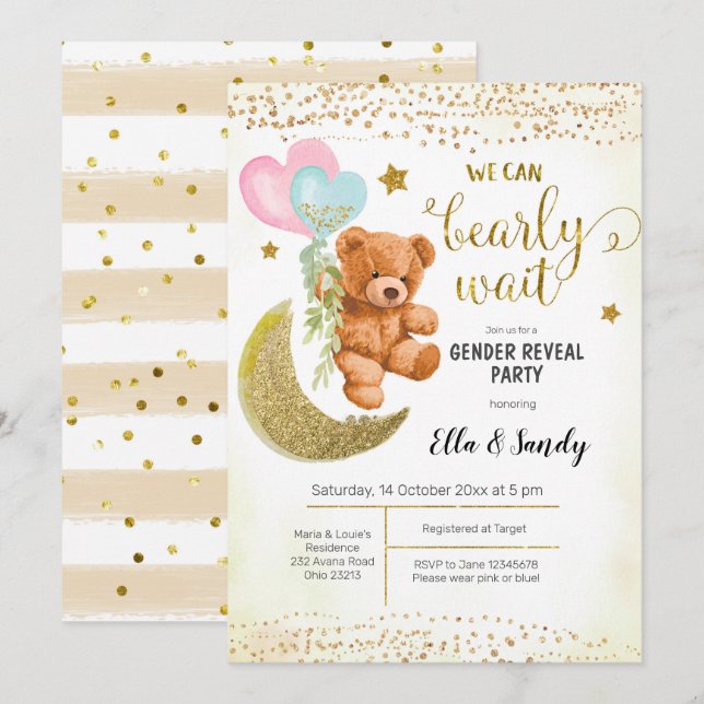 Gold Teddy Bear Balloon Gender Reveal Party Invitation (Front/Back)