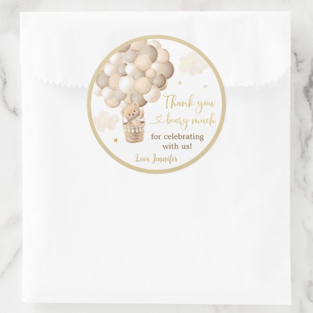 Gold Teddy Bear Hot Air Balloon Baby Shower Classic Round Sticker (Bag)