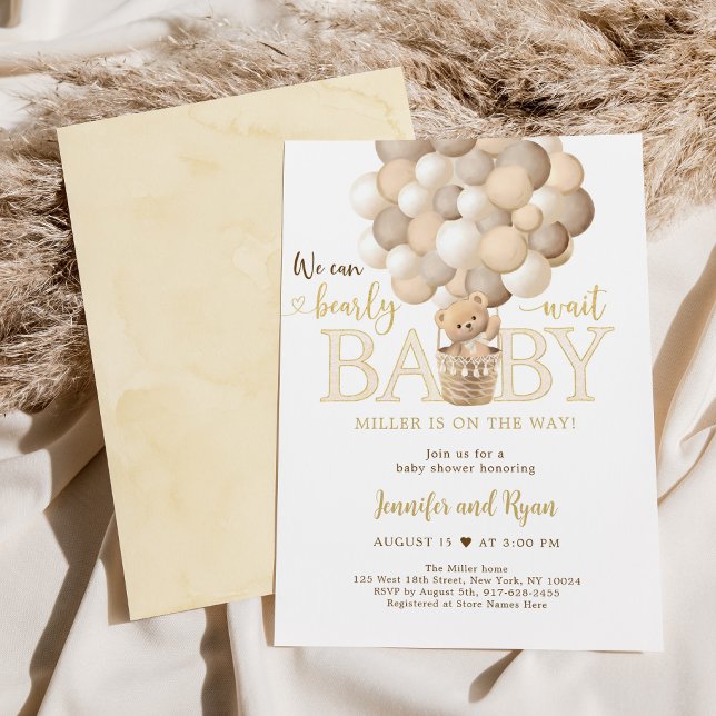 Gold Teddy Bear Hot Air Balloon Baby Shower Invitation (Creator Uploaded)