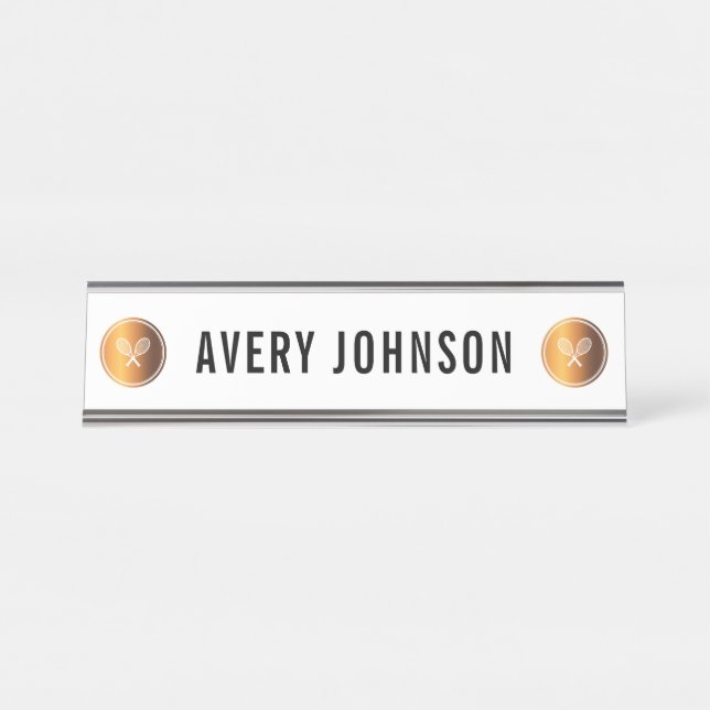 Gold Tennis Rackets Player Coach Elegant School    Desk Name Plate (Front)
