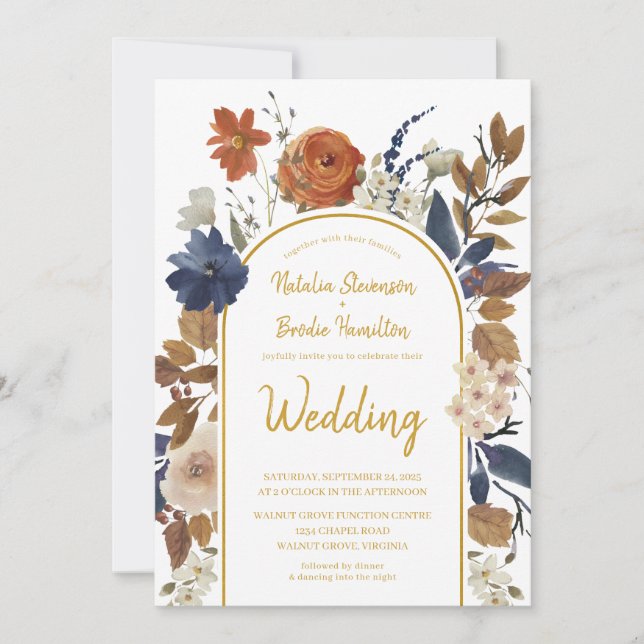 Gold Terracotta Blue Floral Boho Wedding Invitation (Front)