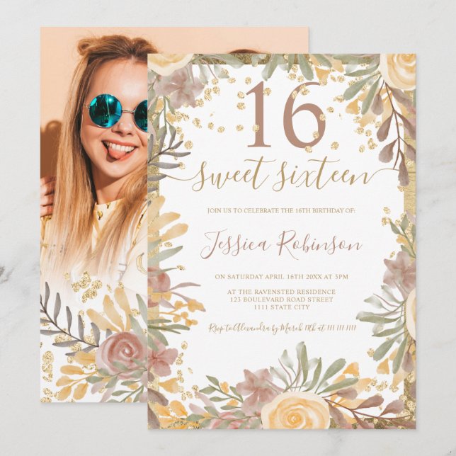 Gold terracotta floral watercolor Sweet 16 photo Invitation (Front/Back)