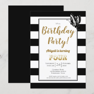 Gold Text Black and White Stripe 4th Birthday Invitation